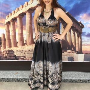 Blue Satin-Feeling Summer Maxi Halter Dress